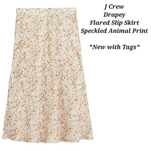 NEW J Crew Drapey Cupro Flared Slip Skirt Speckled Animal Print Cream Brown L